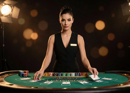 Live-Dealerin am gr&uuml;nen Blackjack-Tisch verteilt Karten im HD-Stream des V.Vegas Live-Casinos