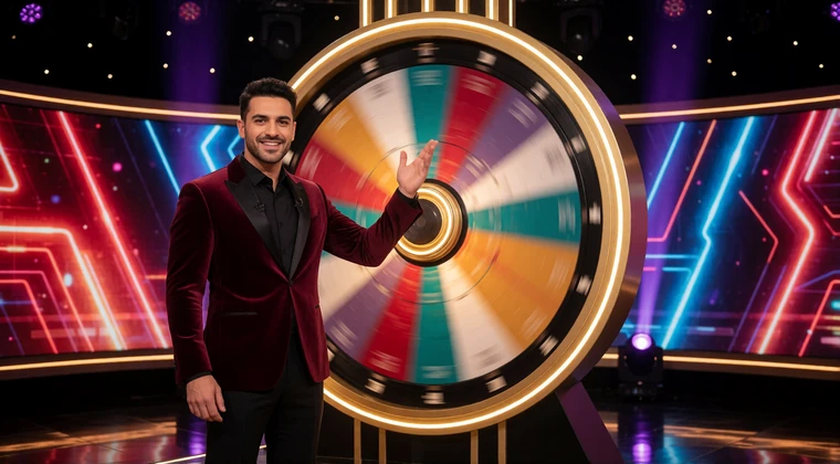 Moderator in bordeauxrotem Blazer pr&auml;sentiert ein leuchtendes Showrad im Live-Game-Show-Studio mit Neonwand