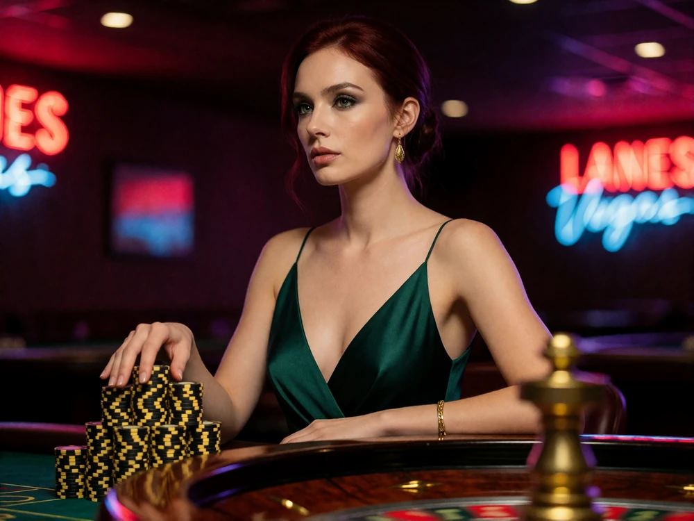 Frau im smaragdgr&uuml;nen Abendkleid beobachtet die Kugel im drehenden Roulettekessel, goldene Reflexe auf den Chips im Live Casino Deutschland