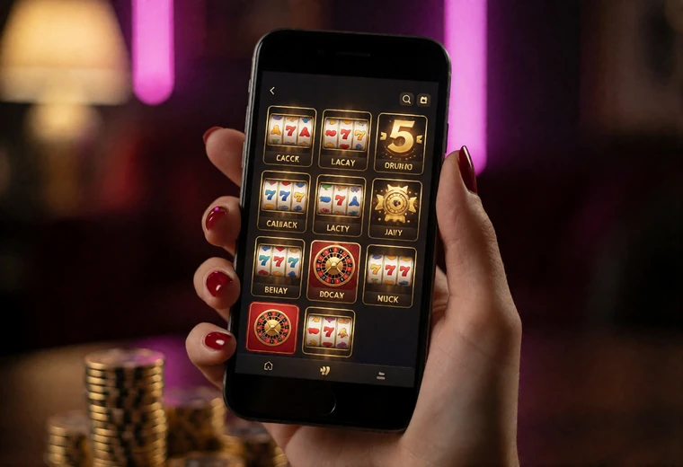 Smartphone im Hochformat mit ge&ouml;ffneter Casino-Spielelobby in der Hand, Neonlicht und goldene Chips im Hintergrund