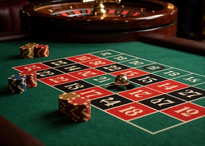 Roulette-Tableau mit gestapelten Chips und Holzkessel als Beispiel f&uuml;r Tischspiele im Online Casino