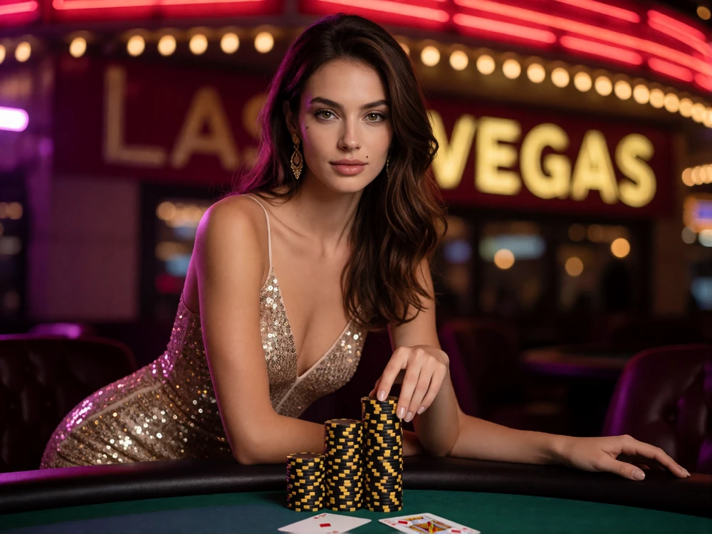 Frau im goldenen Pailletten-Abendkleid st&uuml;tzt sich an gestapelten goldenen Casino-Chips ab und zeigt das Willkommenspaket im Online Casino