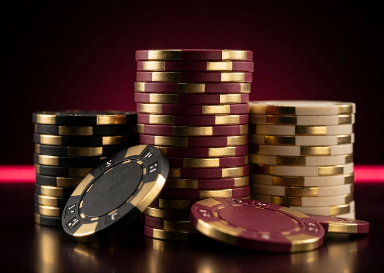 Gestapelte schwarz-goldene Casino-Chips mit goldenen Reflexen als Sinnbild f&uuml;r das Bonuspaket bis 1.500 Euro