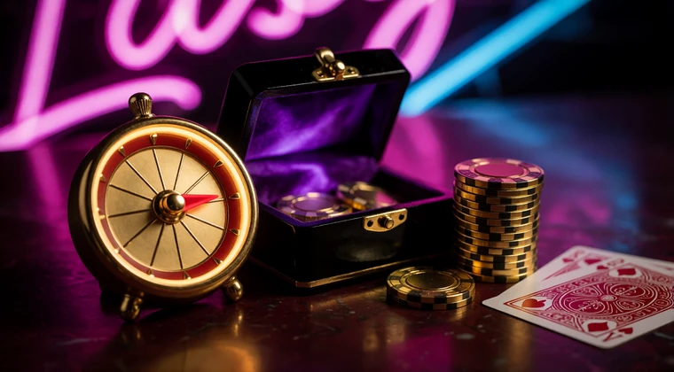 Goldenes Gl&uuml;cksrad, ge&ouml;ffnete Loot Box und gestapelte Chips in Vegas-Neonoptik als Symbol der laufenden Aktionen