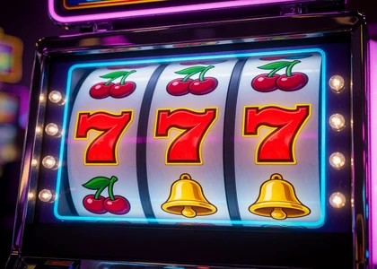 Leuchtende Slot-Walzen mit roten Siebenern und Neonrahmen als Beispiel f&uuml;r Online Slots bei V.Vegas