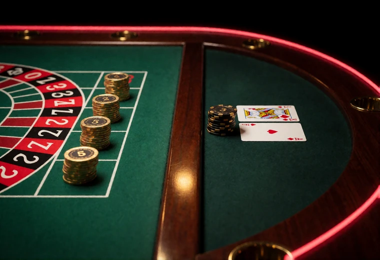 Roulette-Tableau mit gesetzten Chips neben Blackjack-Filz mit Ass und K&ouml;nig als Vergleich von Tisch- und Kartenspielen