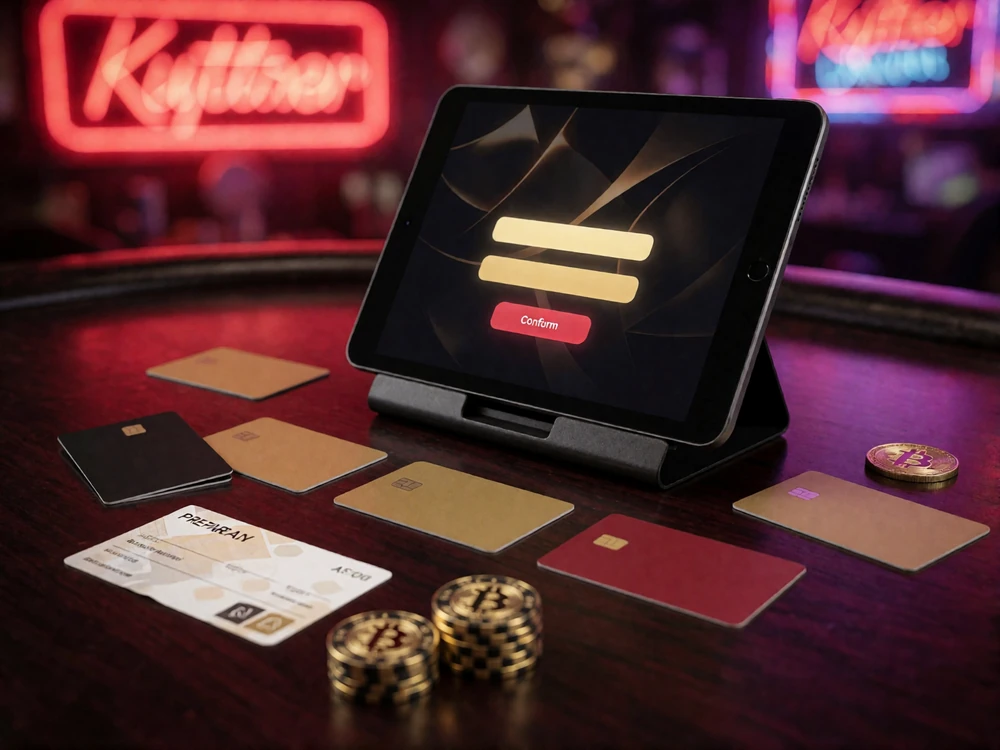 Dunkle Kassenoberfl&auml;che mit Zahlungskarten, Tablet, Prepaid-Gutschein und goldenen Chips als &Uuml;bersicht der Zahlungsmethoden bei V.Vegas