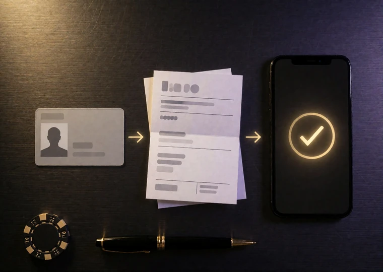 Ausweisdokument, Adressnachweis und Smartphone mit Upload-Best&auml;tigung als drei Schritte der KYC-Verifizierung im Online Casino