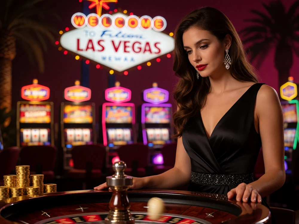 Elegante Frau im schwarzen Abendkleid beobachtet das drehende Roulette-Rad vor Vegas-Neonschildern im Online Casino Deutschland