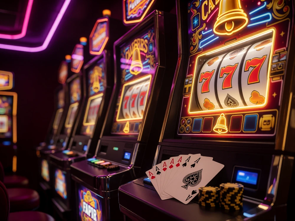 Neon-Spielhalle mit leuchtenden Slot-Walzen, aufgef&auml;cherten Spielkarten und goldenen Chips als Einstieg in die Casino Spiele bei V.Vegas